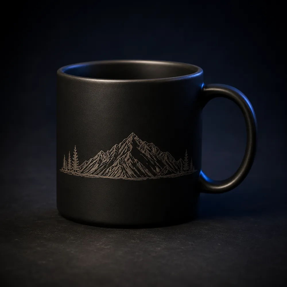 Matte-black mug engraved with the mountain line art